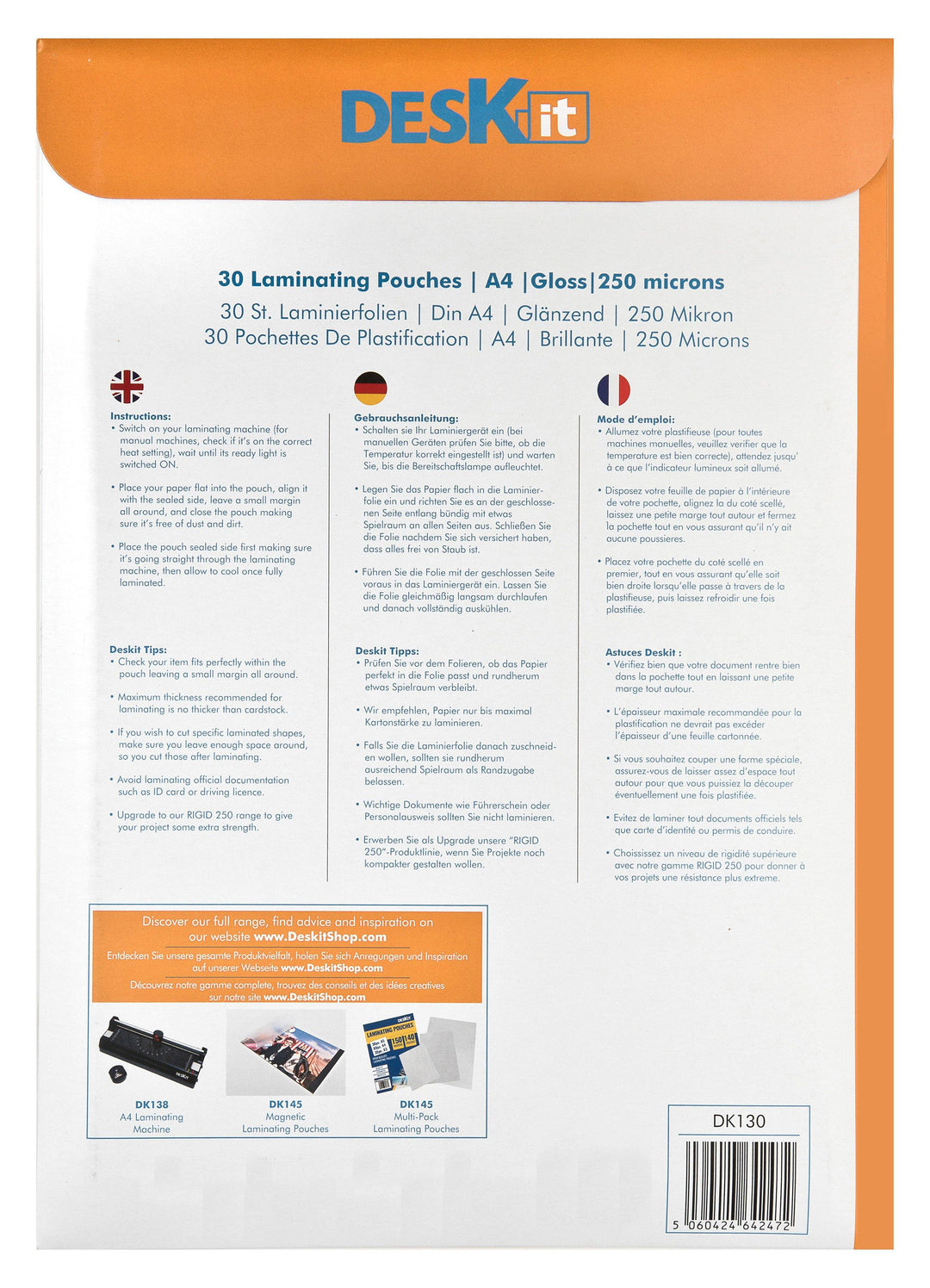 Deskit A4 Laminating Pouches - 120 Pack, 100 Micron, Glossy Finish For Documents & Crafts