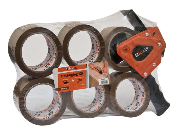 Brown Packaging Tape with Dispenser - 48mm x 66m - Pack of 6 Rolls - Deskit