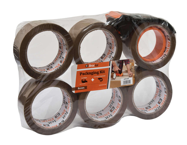 Brackit Brown Packing Tape with Compact Dispenser, 48mm x 66m, Pack of 6 Rolls - Deskit