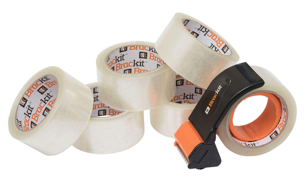 Clear Packing Tape with Compact Dispenser, 48mm x 66m, Pack of 6 Rolls - Deskit