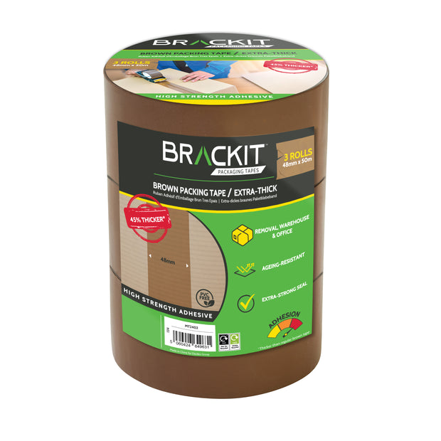 Brown Packing Tape - 48mm x 50m - Pack of 3 Rolls (Extra Thick)