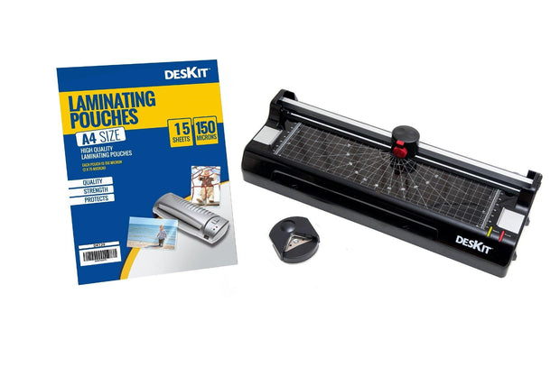 A4 LAMINATOR AND 3 IN 1 CUTTER MACHINE + PACK OF 15 POUCHES (A4) - Deskit